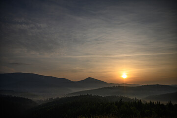 mountains landscape with sun and alpine pines. Sunrise