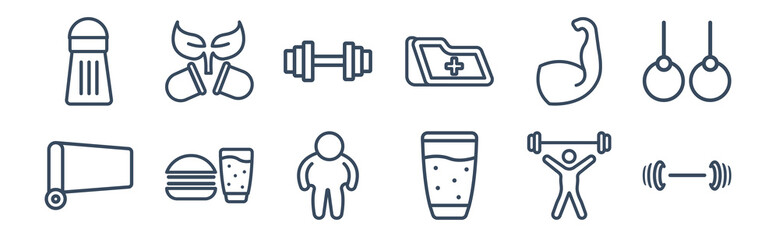 12 pack of icons. thin outline icons such as dumbbell, orange juice, food, biceps, dumbbells, bio for web and mobile apps, logo