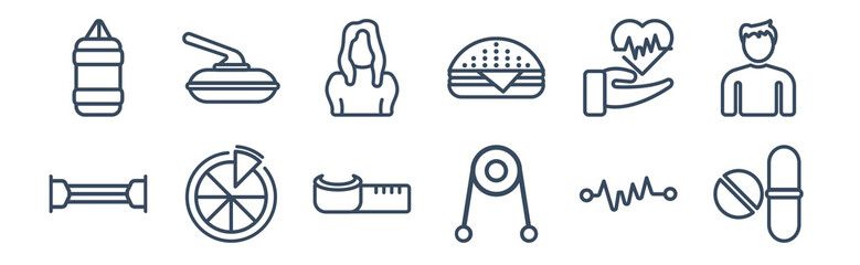 12 pack of icons. thin outline icons such as pills, handgrip, pizza, beat, girl, curling for web and mobile apps, logo