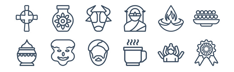 12 pack of icons. thin outline icons such as india badge, indian tea, kathakali, diwali lamp, indian cow, indian vase for web and mobile apps, logo