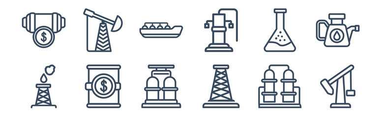12 pack of icons. thin outline icons such as pump jack, oil rig, oil price, chemical, oil tanker, pumps for web and mobile apps, logo