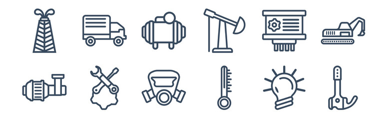 12 pack of icons. thin outline icons such as construction tool, thermometer, maintenance, planing, compressor, cargo truck for web and mobile apps, logo