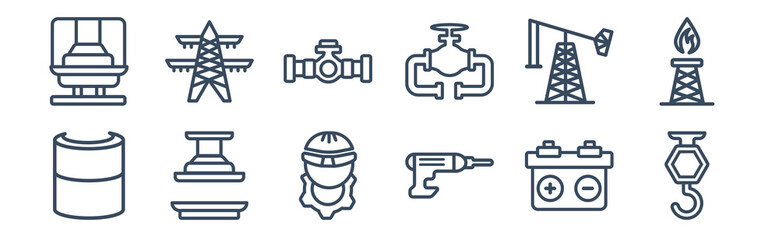12 pack of icons. thin outline icons such as hook crane, industrial drill, machine press, oil pump, petrol pipe, power line for web and mobile apps, logo