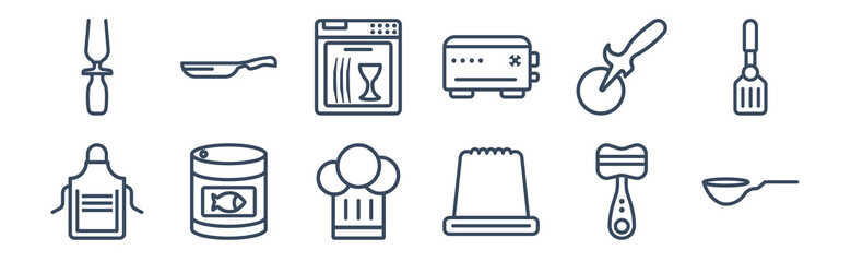 12 pack of icons. thin outline icons such as scoop, mould, conserve, pizza cutter, dishwasher, frying pan for web and mobile apps, logo