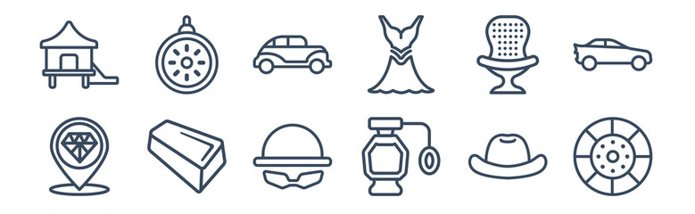 12 pack of icons. thin outline icons such as clutch, fragrance, gold bar, luxury armchair, old car, pocket watch for web and mobile apps, logo