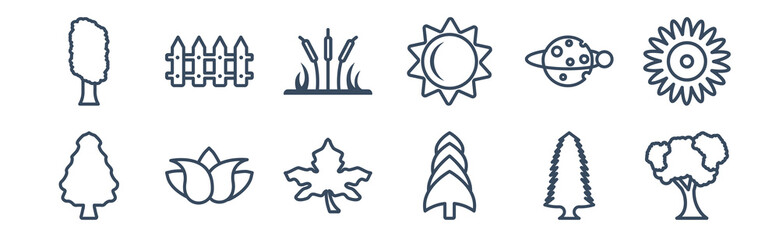 12 pack of icons. thin outline icons such as shadbush tree, white spruce tree, flower, planet with satellite, reed bed, fences for web and mobile apps, logo