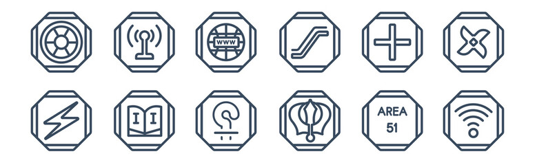 12 pack of icons. thin outline icons such as wireless network, khanda, instruction, addition thick, internet, wireless receptor for web and mobile apps, logo