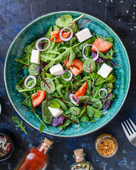 Greek salad vegetables cheese vegetarian snack on the table tasty serving size portion top view place copy space for text keto or paleo diet