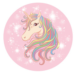 Cute unicorn with colorful hair on the pink circle with sparkles.