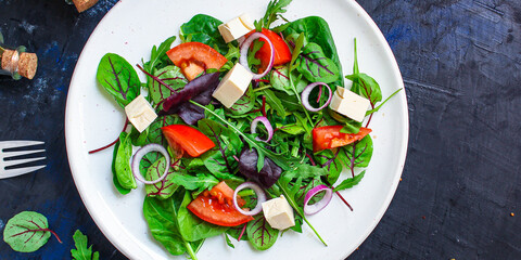 Greek salad vegetables cheese vegetarian snack on the table tasty serving size portion top view place copy space for text keto or paleo diet