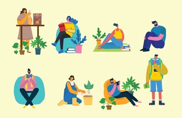 Vector illustration background in flat design of group people doing different activity