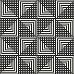 Vector geometric seamless pattern with lines, stripes, squares, arrows, repeat tiles. Simple black and white geo texture. Abstract monochrome background. Stylish modern design for decor, print, cover