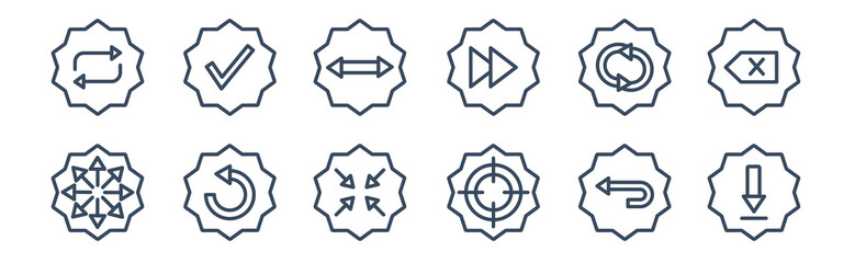 12 pack of icons. thin outline icons such as down arrow, focus, back, spin, horizontal arrows, right for web and mobile apps, logo