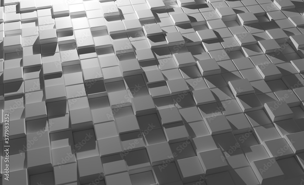 Poster 3d render gray background and floor with volumetric cubes at different levels
