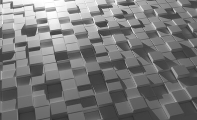 3D render gray background and floor with volumetric cubes at different levels