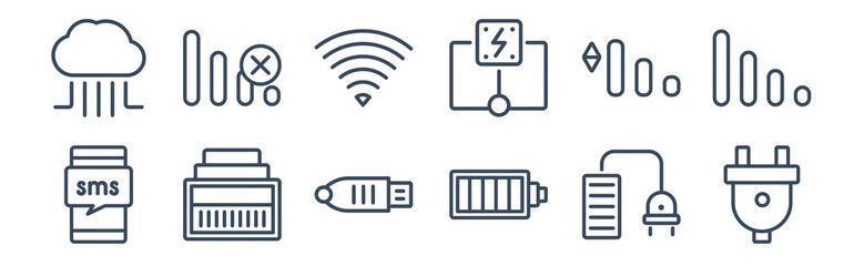 12 pack of icons. thin outline icons such as plug, battery, ethernet, medium, , no for web and mobile apps, logo
