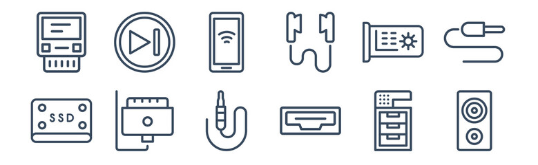 12 pack of icons. thin outline icons such as speakers, hdmi, magsafe, video card, phones, music player for web and mobile apps, logo