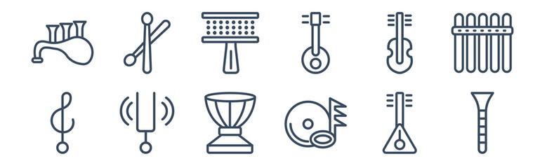 12 pack of icons. thin outline icons such as clarinet, music record, tuning fork, cello, cabasa, drumstick for web and mobile apps, logo