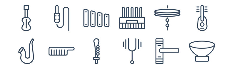 12 pack of icons. thin outline icons such as timpani, diapason, keytar, cymbal, marimba, jack connector for web and mobile apps, logo