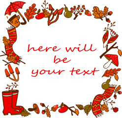square banner frame for autumn theme text with umbrella, boots, berries, leaves, scarf.
