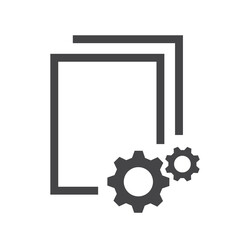 Data processing black vector icon. Documents, blanc paper with cogwheel or gear glyph symbol.
