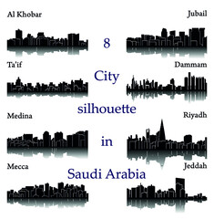 Obraz premium Set of 8 city silhouette in Saudi Arabia ( Mecca, Riyadh, Jeddah, Medina, Dammam, Jubail, Ta'if, Al Khobar )