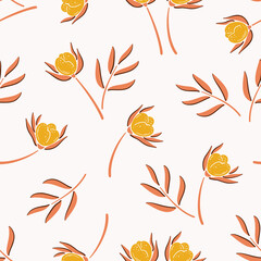 Yellow Tulips and Leaves. Vector Floral Seamless Pattern. Beautiful Flowers and Leaves Vintage Background. Ditsy Floral Print