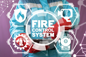 Industrial fire control automatic system concept. Inspection measures a anti fire alarm enterprise system. Integration modern ai automation analysis firefighting technology.