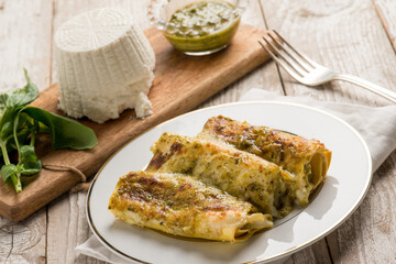 cannelloni with pesto sauce and ricotta cheese