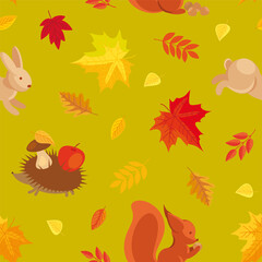 Obraz premium AUTUMN SEAMLESS PATTERN WITH DIFFERENT LEAVES, HEDGEHOG CARRYING AN APPLE AND MUSHROOM, SQUIRREL WITH NUTS, JUMPING HARE