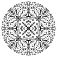 folk style ornaments and flowers forming a mandala drawn on a white background for coloring, vector