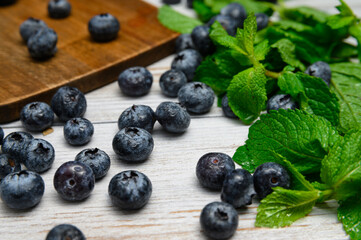 blueberries and mint on a light wooden background. bog whortleberry