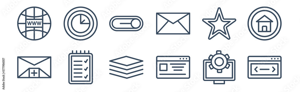 Poster 12 pack of icons. thin outline icons such as slider, web page variant, create list button, web mark 