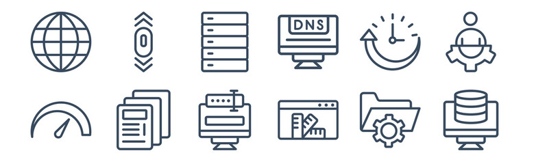 12 pack of icons. thin outline icons such as feature, color scheme, mockup de, uptime, raid, scrolling for web and mobile apps, logo