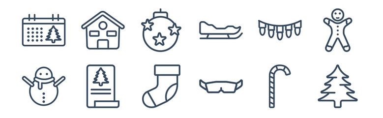 12 pack of icons. thin outline icons such as christmas tree, safety glasses, christmas card, lights, bauble, chalet for web and mobile apps, logo