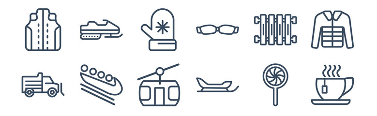 12 pack of icons. thin outline icons such as hot drink, sledge, bobsled, heater, mittens, snowmobile for web and mobile apps, logo