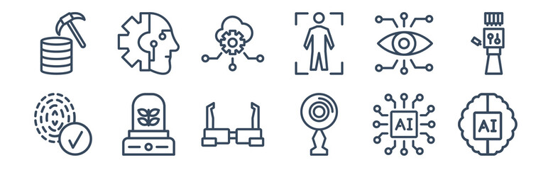 12 pack of icons. thin outline icons such as ai brain, ar camera, artificial atmosphere, bionic eye, cloud intelligence, cyborg for web and mobile apps, logo