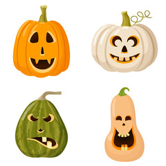 Set of 4 Halloween colorful pumpkins with different toothy faces. Vector stock flat illustration isolated on a white background. 