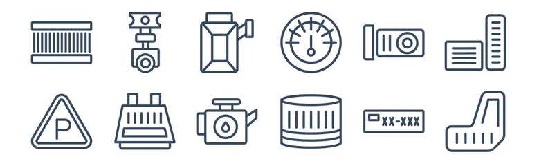 12 pack of icons. thin outline icons such as car mud flap, car oil filter, car parcel shelf, petrol cap, petrol tank, piston for web and mobile apps, logo