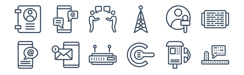 12 pack of icons. thin outline icons such as morse code, hands free, mobile with envelope, news reporter, quarrel, emails for web and mobile apps, logo © Premium Art