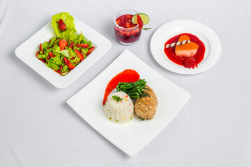 Valentine's day special dinner course food platter on isolated white background. Valentine's meal platter. Valentine's day food offer.