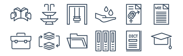 12 pack of icons. thin outline icons such as graduate cap, three books, arrange, fraternity, swinging, fountain for web and mobile apps, logo