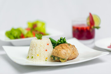 Valentine's day special dinner course food platter on isolated white background. Valentine's meal platter. Valentine's day food offer.