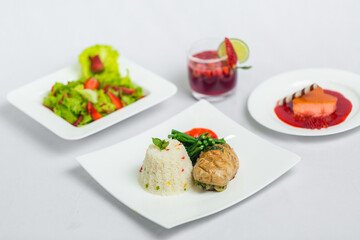 Valentine's day special dinner course food platter on isolated white background. Valentine's meal platter. Valentine's day food offer.