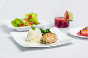 Valentine's day special dinner course food platter on isolated white background. Valentine's meal platter. Valentine's day food offer.