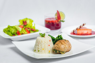 Valentine's day special dinner course food platter on isolated white background. Valentine's meal platter. Valentine's day food offer.