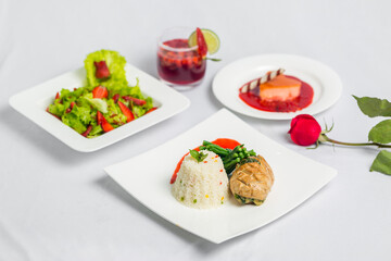 Valentine's day special dinner course food platter on isolated white background. Valentine's meal platter. Valentine's day food offer.