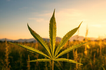 Hemp or Marijuana plants growing on sunshine at farm field.