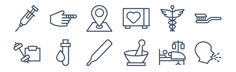 12 pack of icons. thin outline icons such as unhealthy medical condition, medicines bowl, blood analysis, caduceus, hospital placeholder, hurted finger with bandage for web and mobile apps, logo