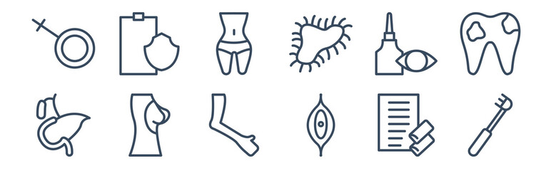 12 pack of icons. thin outline icons such as electric toothbrush, woman intimate body part, breast implant, eye drops, fit, medical insurance for web and mobile apps, logo